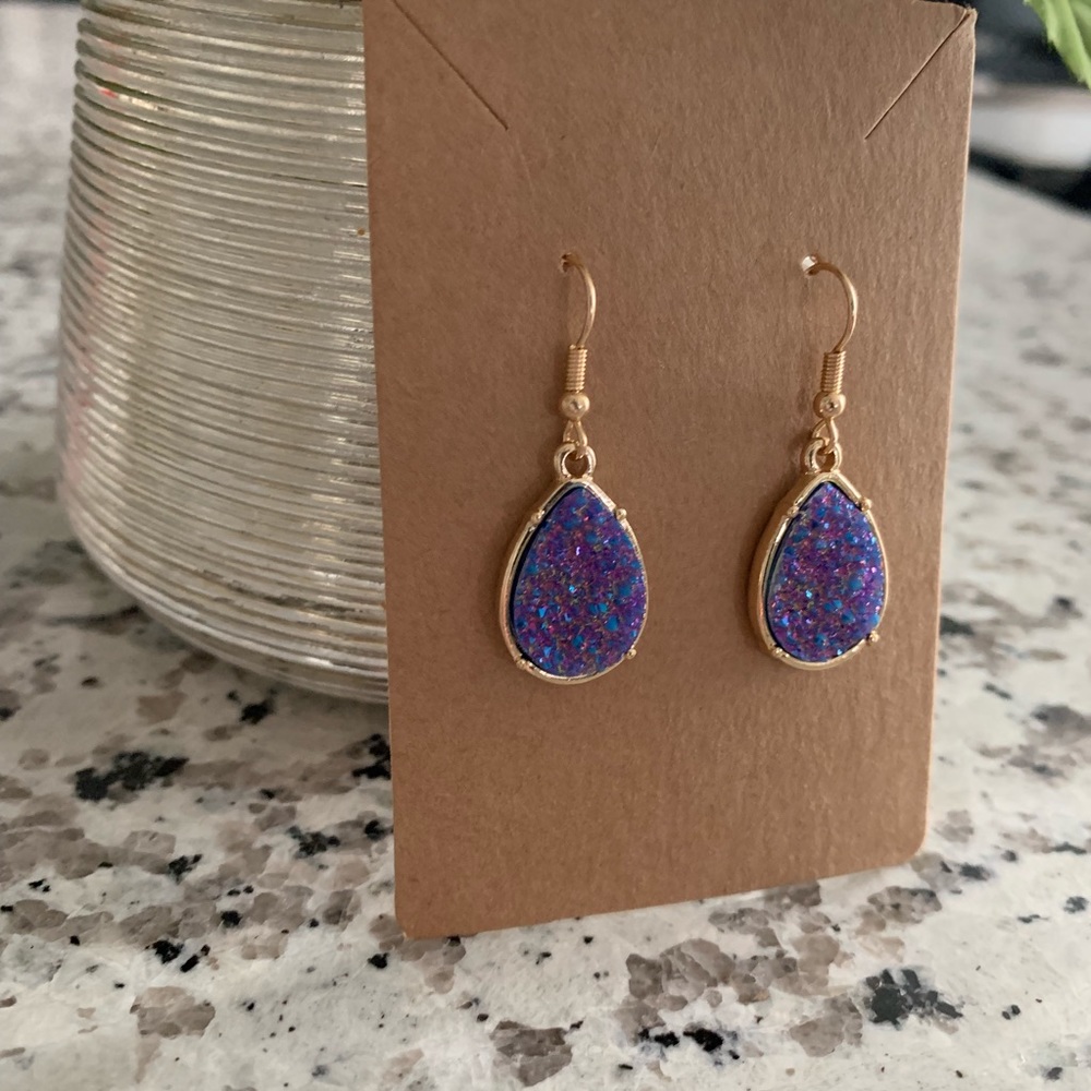 Purple Druzy Tear Drop Dangle Earrings - Picture 3 of 6